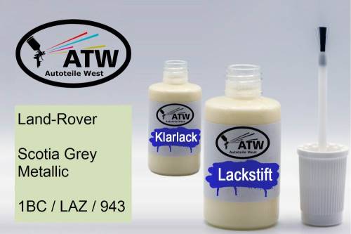 Land-Rover, Scotia Grey Metallic, 1BC / LAZ / 943: 20ml Lackstift + 20ml Klarlack - Set, von ATW Autoteile West.